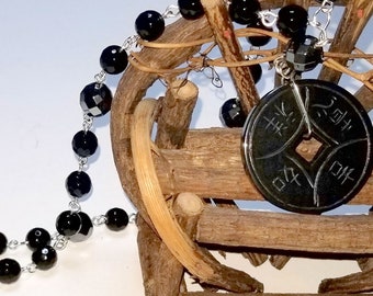 Black Onyx Wheel Carved with Asian Characters MARKED DOWN