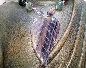 Rainbow Fluorite Carved Leaf Pendant with Rainbow Fluorite Necklace