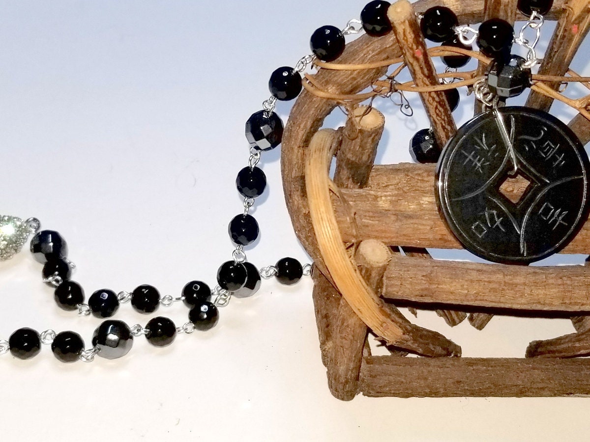 Black Onyx Wheel Carved With Asian Characters Etsy