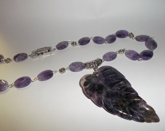 Hand Carved Amethyst Gemstone Leaf Necklace  MARKED DOWN