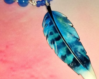 South African Blue Topaz Necklace with Hand Painted Metal Leaf