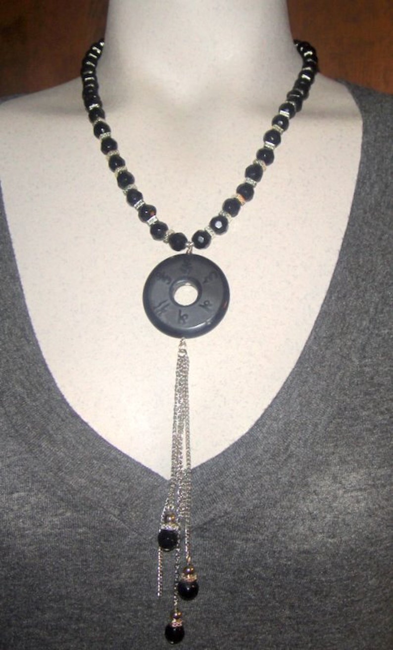 Carved Black Onyx Chinese Coin Necklace MARKED DOWN image 5