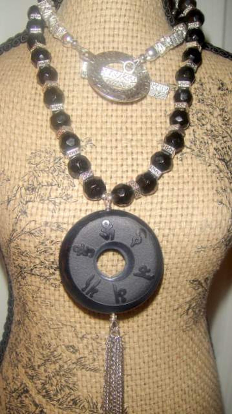 Carved Black Onyx Chinese Coin Necklace MARKED DOWN image 4