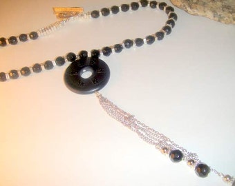 Carved Black Onyx Chinese Coin Necklace  MARKED DOWN