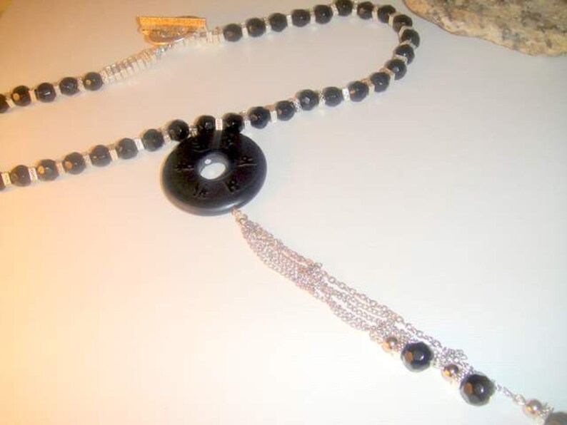 Carved Black Onyx Chinese Coin Necklace MARKED DOWN image 1