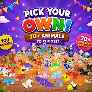 May include: A collection of over 70 small, colorful animal figurines displayed on a wooden surface. The image features the text PICK YOUR OWN! 70+ ANIMALS TO CHOOSE! YOU CHOOSE! and 70+ DIFFERENT DESIGNS! against a purple background with bunting.
