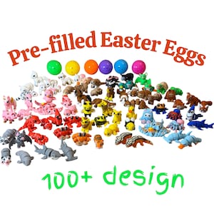 May include: A collection of pre-filled Easter eggs in various colors, with a variety of small animal figurines. The image includes the text "Pre-filled Easter Eggs" and "100+ design".