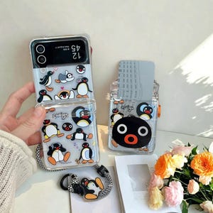 Funda con tarjetero de pingüino para Samsung Galaxy Z Flip 3, 4, 5 y 6: carcasa rígida con carcasa resistente y soporte integrado.
