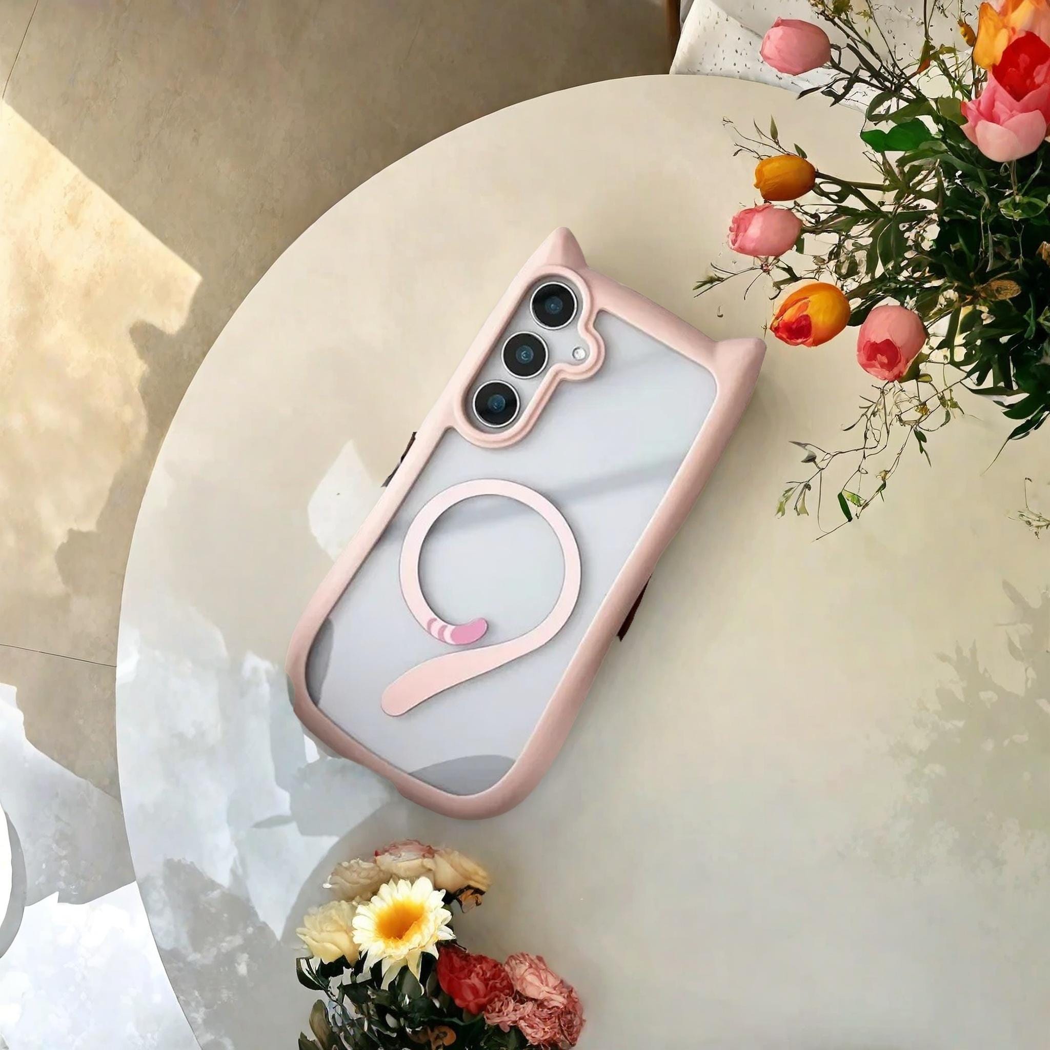 Cute Cat Ear Case for Samsung Galaxy S23 S24 S25 Ultra Plus – Transparent PC Cover with Wireless Charging Friendly Design