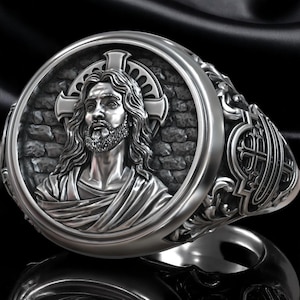 Jesus Christ Sacred Cross Ring – Handmade Silver Christian Signet with Christogram Symbol, Orthodox Catholic Religious Jewelry for Men