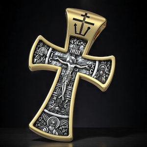 Orthodox Crucifix Pendant with Guardian Angel Icons | Handmade 925 Silver Christian Cross Necklace | Catholic Faith Jewelry Gift for Him