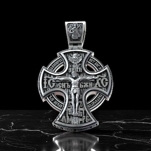 Handmade Orthodox Crucifix Pendant in Solid Silver – Russian Cross with Saints and Cherubs, Religious Jewelry, Christian Icon Necklace