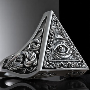 Eye of Providence Triangle Ring – Illuminati All Seeing Eye Signet with Baroque Floral Pattern, Esoteric Symbol Jewelry in 18K Gold Plated