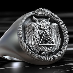 Ouroboros Owl Ring: Oxidized Silver Masonic Symbol Jewelry