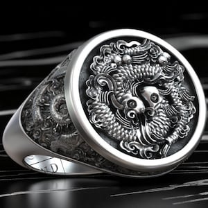 Handcrafted Chinese River Fish Ring in Silver for Men – Traditional Lucky Symbol Signet, Yin Yang Inspired Jewelry, Unique Cultural Gift