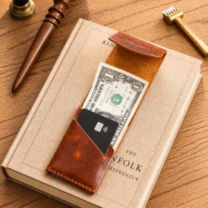 May include: A brown leather wallet with a dollar bill and a black card inside. The wallet is open, revealing the contents, and rests on a book. The wallet has a simple design and appears to be handmade.