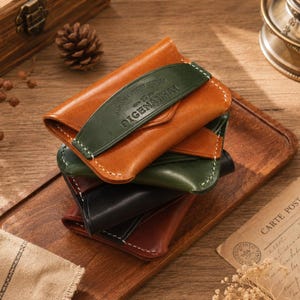 May include: A stack of leather wallets in various colors: tan, green, black, and brown. Each wallet has a curved design with white stitching and a green strap with the text "PIGENAHAI". The wallets are stacked on a wooden tray.