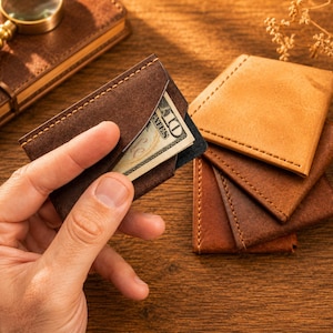 May include: A dark brown leather card holder with visible stitching, containing a ten-dollar bill. Beside it are three additional leather card holders in tan, medium brown, and dark brown, all featuring a simple rectangular design.