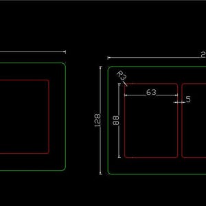 May include: Technical drawing showing three rectangular shapes with dimensions. The largest shape is 307 units long and 128 units high. The other two shapes are 239 and 103 units long. All shapes have internal rectangular sections.