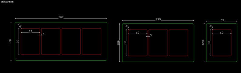 May include: Technical drawing showing three rectangular shapes with dimensions. The largest shape is 307 units long and 128 units high. The other two shapes are 239 and 103 units long. All shapes have internal rectangular sections.