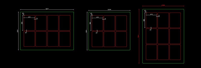 May include: Technical drawings of three rectangular grids, each divided into smaller rectangles. Dimensions are provided in centimetres, with the largest grid measuring 100.8 cm wide and 68.8 cm high.
