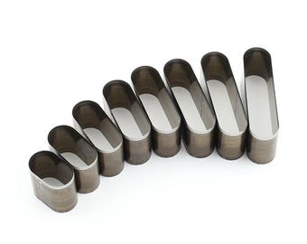 Rounded rectangular steel leather cutting dies, available in multiple sizes. Custom leather punching and die-cutting dies
