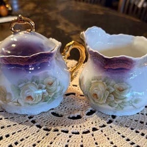 Leuchtenburg Porcelain Creamer & Sugar Bowl Set Rose Germany Vintage