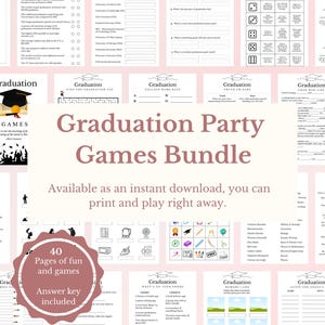 Op de afbeelding: Een roze en witte printbare bundel met afstudeerfeestjes met 40 pagina's vol plezier en spelletjes. De bundel bevat spellen zoals "Raad de beroemdheid", "Zou je liever", "Graduation Mad Libs", "Waarheid of durven", "Afstudeernaambadge", "Vind de afstudeerpet", "Wat staat er op je telefoon", "Memory Lane" en "Raad het cadeau van de gast".
