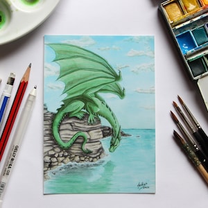 Green Dragon overlooking the sea Postcard Print image 1