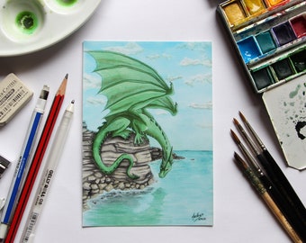 Green Dragon overlooking the sea Postcard Print