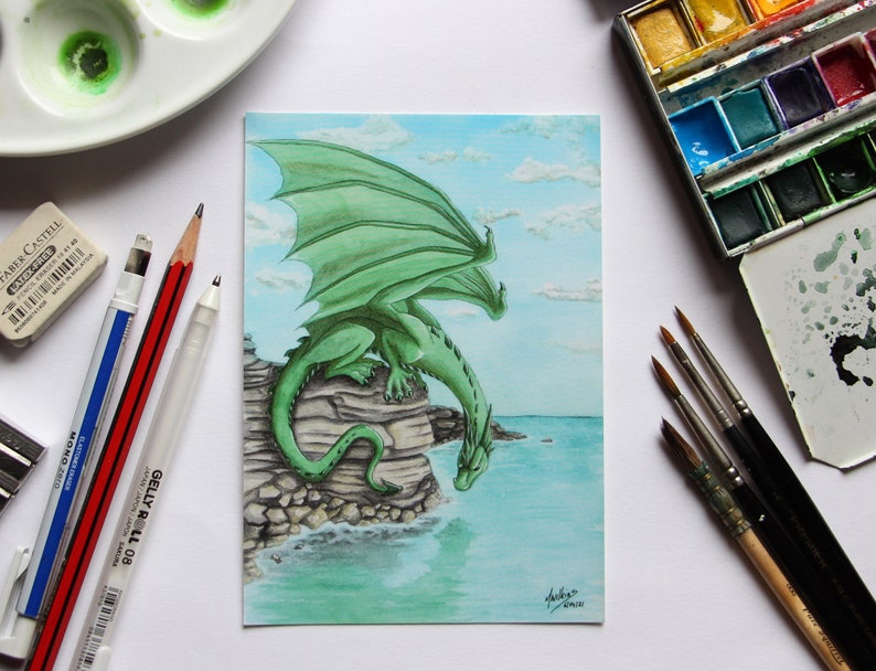 Green Dragon overlooking the sea Postcard Print image 1