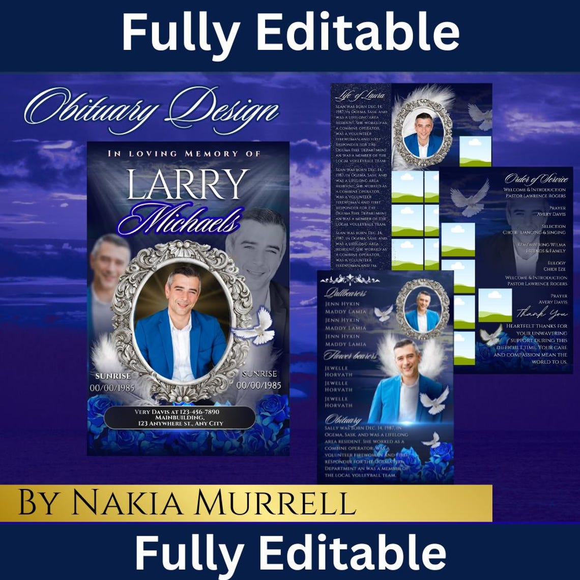 Blue Obituary Template Etsy