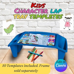 Könnte beinhalten: Ein blauer Schoßtisch mit farbenfrohem Design, mit dem Text "KIDS CHARACTER LAP TRAY TEMPLETES". Das Tablett enthält ein Malbuch und Buntstifte. Der Text "10 Templates included. Frame sold separately" ist ebenfalls sichtbar.