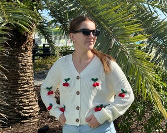 Cherry Cardigan | 100% handmade | Oversize Cherry Cardigan | Chunky Knitt Cardigan | Ivory Cardigan | Christmas Unique Gift For Her, Gift