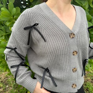 1 Handmade Bow Cardigan, Oversized  Knitwear, Cardigan Ribbon, Perfect Gift for Women,  Knit Ribbon Cardigan, Handmade grey bow cardigan