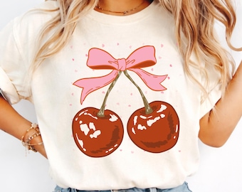 Camiseta Coquette Cherry, bonita camiseta de San Valentín para mujer, camiseta gráfica Coquette Cherry, camiseta con lazo rosa, top con estética femenina