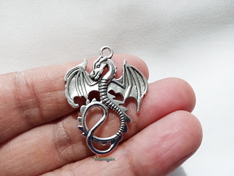 Silver Dragon Charm, dragon charm, wdragon pendant charm, dragon 27x34mm 5pcs image 2