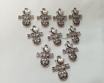 10pcs I Love Soccer Silver Charm, Sport Charm, Soccer charm, Charm