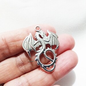 Silver Dragon Charm, dragon charm, wdragon pendant charm, dragon 27x34mm 5pcs image 1