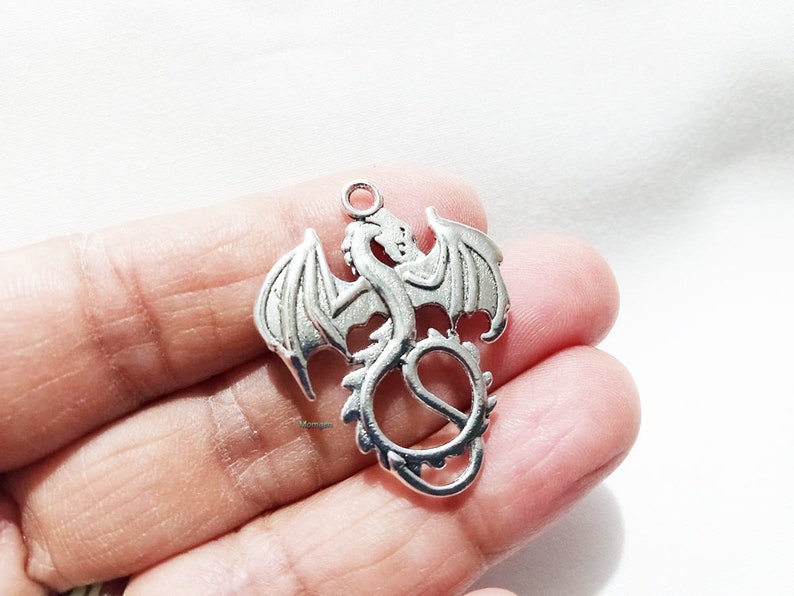 Silver Dragon Charm, dragon charm, wdragon pendant charm, dragon 27x34mm 5pcs image 1