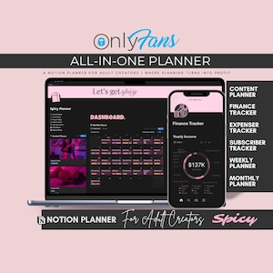 Puede incluir: Un planificador Notion todo en uno para creadores adultos, con un portátil y un smartphone que muestran el panel y el rastreador financiero. El planificador incluye rastreadores de contenido, finanzas, gastos, suscriptores, semanales y mensuales. El texto dice "OnlyFans".