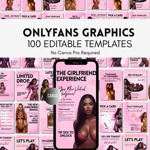 Puede incluir: Plantillas gráficas rosas para OnlyFans, con 100 diseños editables. La imagen muestra un smartphone que muestra una plantilla con el texto "The Girlfriend Experience". Las plantillas están diseñadas para contenido de redes sociales.