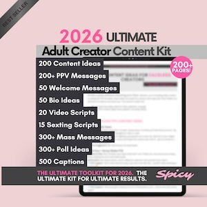 Op de afbeelding: Een digitale tablet toont de tekst "2026 ULTIMATE Adult Creator Content Kit". De kit bevat content ideeën, berichten, scripts en bijschriften. De tekst is in roze en wit op een zwarte achtergrond. De woorden "Best Seller" staan linksboven.