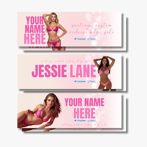 Può includere: Tre banner rosa e bianchi con testo e immagini di donne in costume da bagno rosa. I banner superiore e inferiore riportano "YOUR NAME HERE" a grandi lettere rosa. Il banner centrale recita "JESSIE LANE".