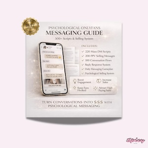 May include: A promotional graphic for a "Psychological OnlyFans Messaging Guide" with a gold "Best Seller" badge. The guide includes scripts, selling messages, and conversation flows. A phone displays a chat interface. The graphic promotes boosting engagement and increasing sales.