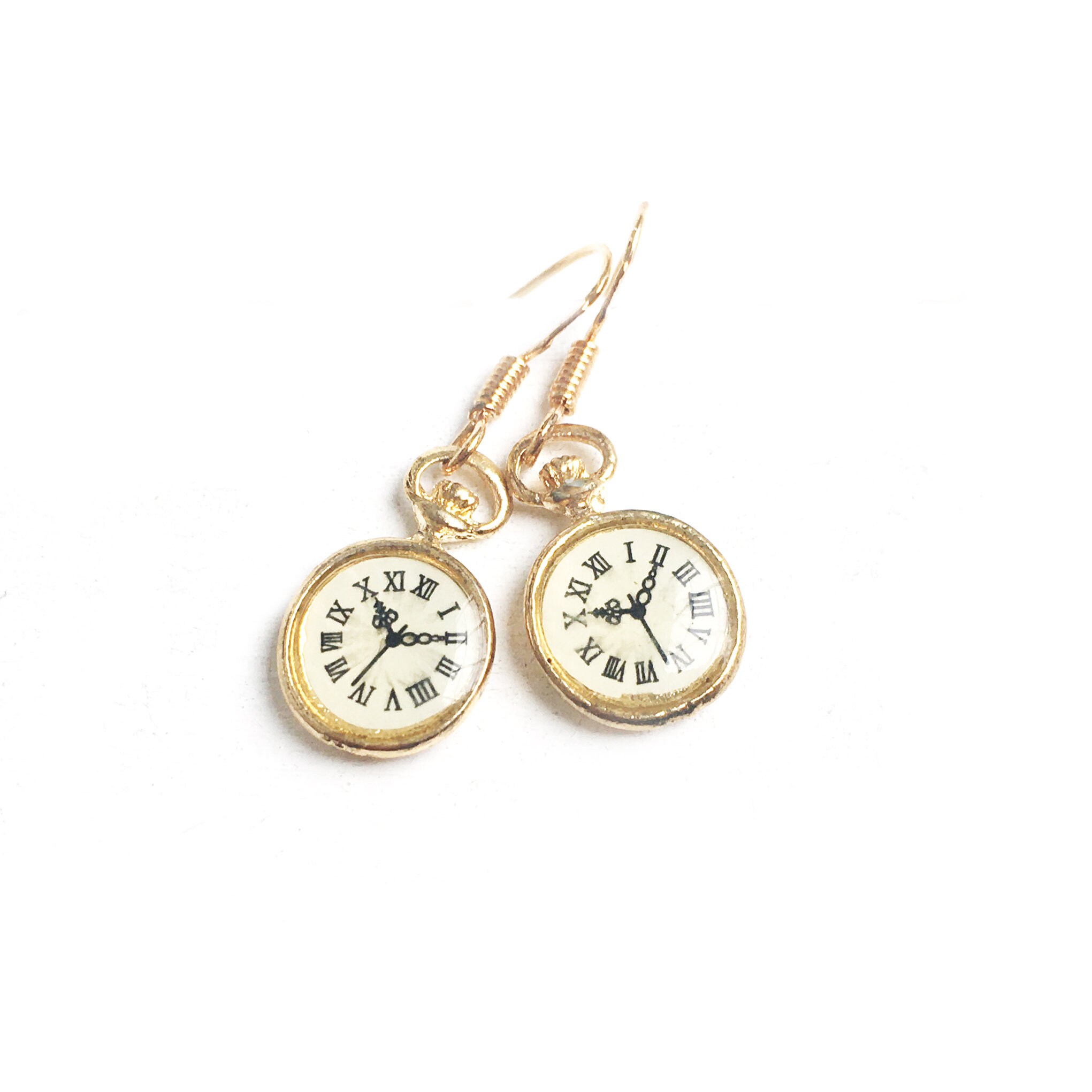 Handmade Little Gold Clock Drop Earrings Dangle Drops Etsy