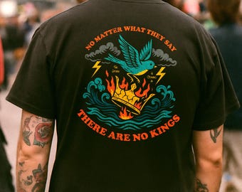 No Kings Shirt – Comfort Colors 1717 Punk Graphic Tee, Anti Tyrant Bird & Burning Crown Protest Design, Unisex Fit, Tattoo Inspired