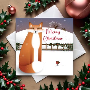 Fuchs Grußkarte 14 cm im Quadrat. Illustriert, Fuchs und Rotkehlchen Frohe Weihnachtskarte. Inklusive Umschlag.
