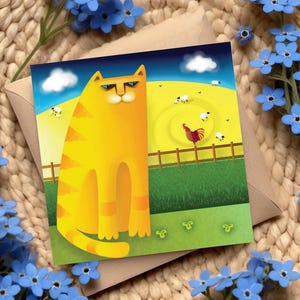 Carte de voeux carrée de 5,5 pouces. « Chat d'été » Un chat d'été lumineux pour toutes les occasions !