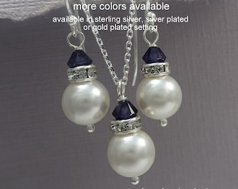 CUSTOM COLOR Navy Bridesmaid Gift, Swarovski White Pearl and Navy Blue Crystal Jewelry Set, Navy Jewelry Set, Custom Bridesmaid Jewelry